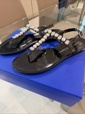 Stuart Weitzman Black Pearl & Crystal T-Strap Jelly Sandals. Worn Once. Sz 38.5